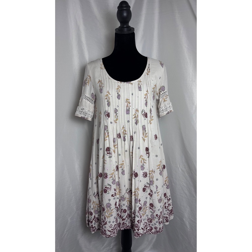 Ecote Babydoll Mini Dress Women Small Cream Purple Boho Pintuck Crochet